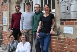 6 Personen auf Bild zu sehen neben dem Schild Museumsberg Flensburg