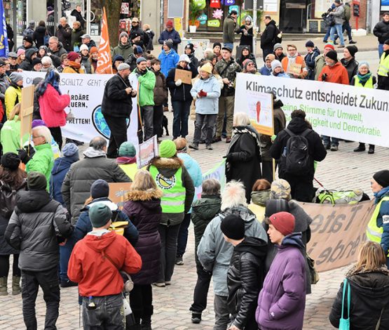 Rund 600 Personen mit Plakaten in Flensburg auf der bundesweiten Demonstration für den Klimaschutz.
