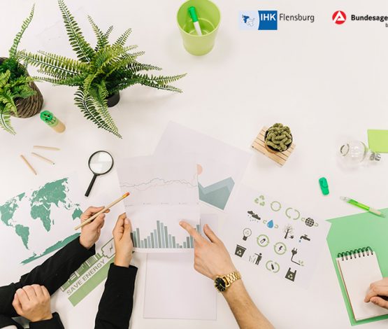 Beitragsbild planende und besprechende Personen an Schreibtisch zum Thema Berichtspflichten zu Nachhaltigkeit: Webinar für Unternehmen