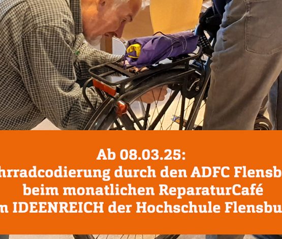 Mann repariert Fahrrad, ein Hinweis mit der Aktion zum ReparaturCafé