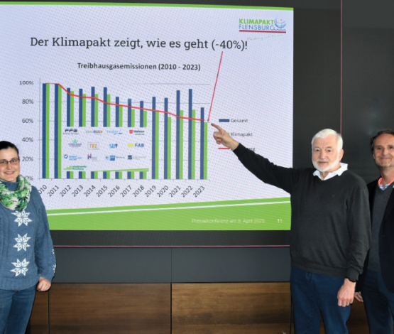 3 Personen auf der Pressekonferenz des Klimapaktes Flensburg berichten über unter anderem CO2 Bilanzen. Im Hintergrund eine Leinwand.